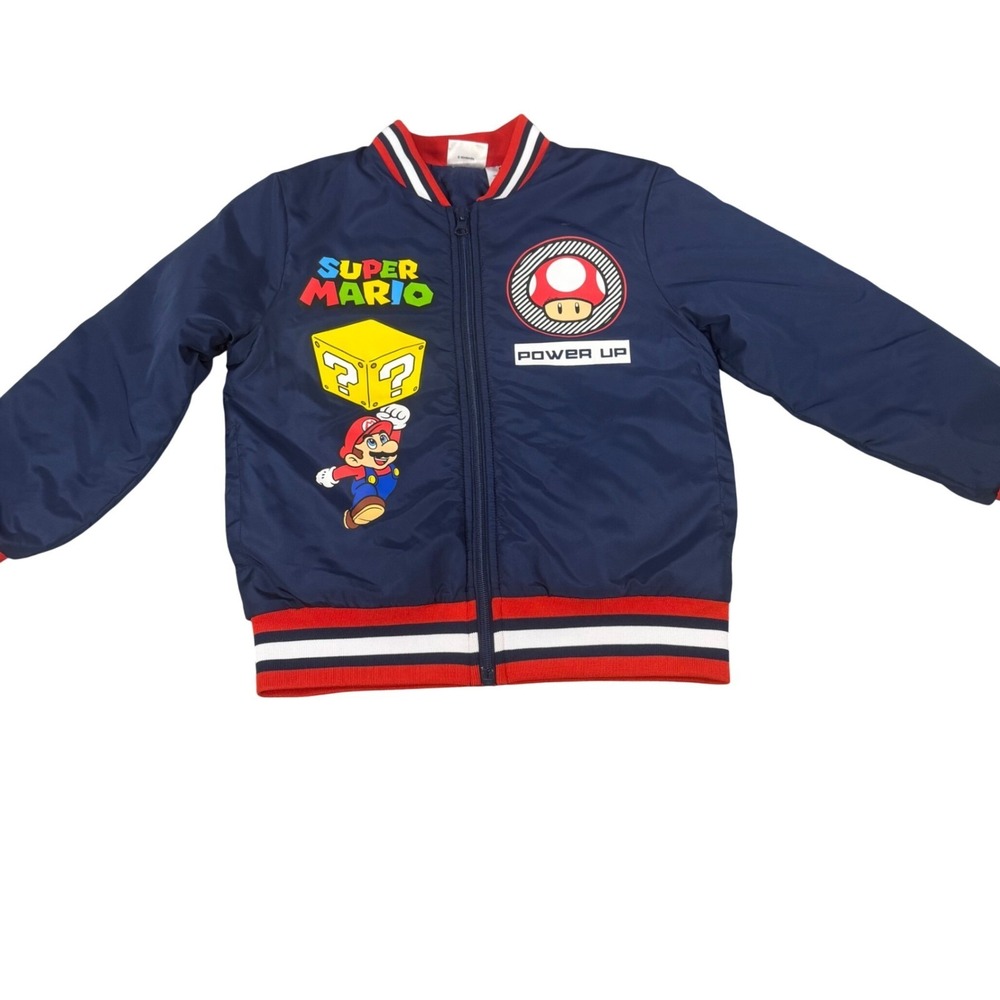 Super Mario Bros Kids Bomber Jacket Navy Blue Zip Up Quilted Size 6/7 Nintendo